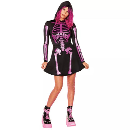 Adult Neon Pink Skeleton Hooded Dress - US 5318