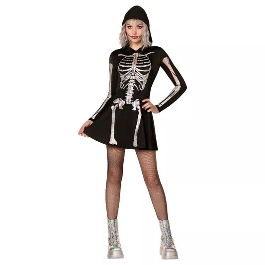 Adult Holographic Skeleton Hooded Dress - US 9669
