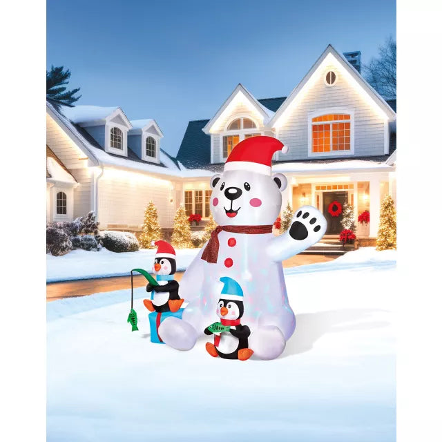 6 Ft 11 In Light-Up Animated Polar Bear with Penguins Inflatable Decoration - US 8346