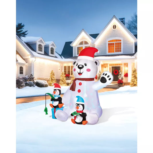 6 Ft 11 In Light-Up Animated Polar Bear with Penguins Inflatable Decoration - US 8346