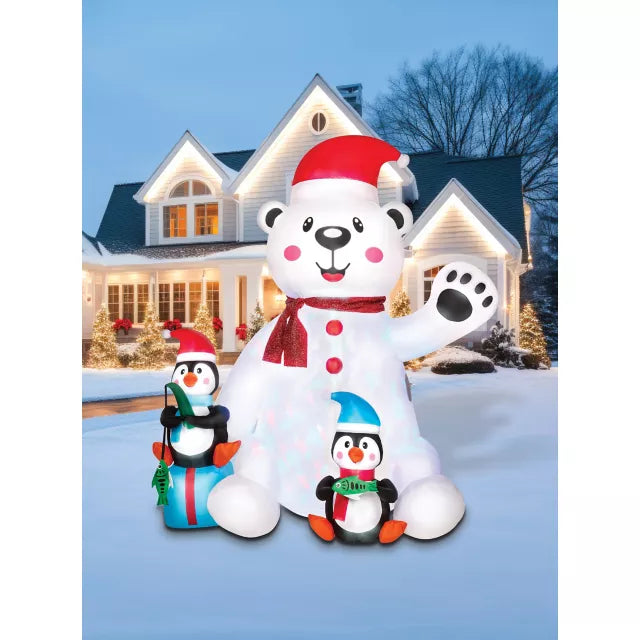 6 Ft 11 In Light-Up Animated Polar Bear with Penguins Inflatable Decoration - US 8346