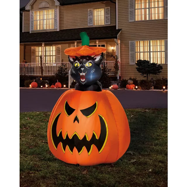 3 Ft 7 In Light-Up Animated Rising Pumpkin Cat Inflatable Decoration - US 8746