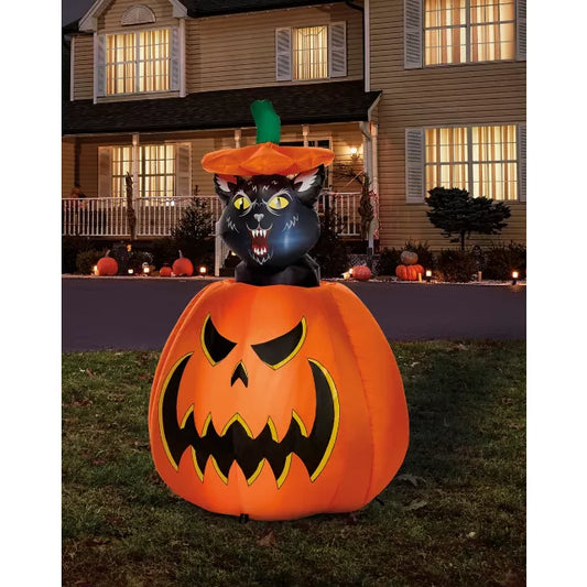 3 Ft 7 In Light-Up Animated Rising Pumpkin Cat Inflatable Decoration - US 8746
