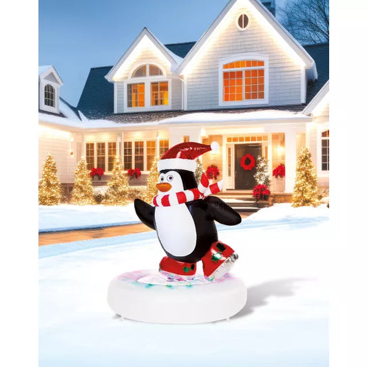 4 Ft Light-Up Spinning Skate Penguin Inflatable Decoration - US 8774